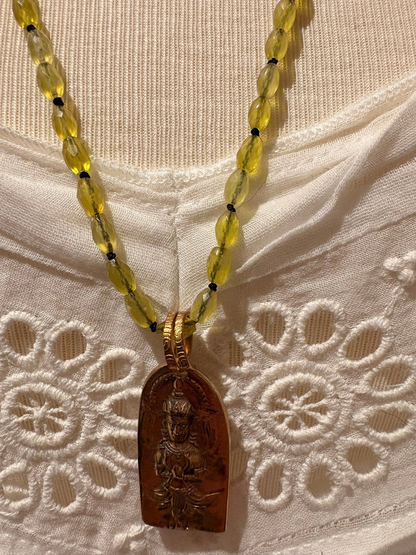Olive Quartz with Brass Buddha Necklace
