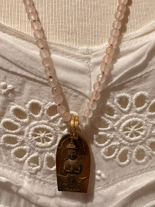 Rose Quartz with Brass Buddha - Long