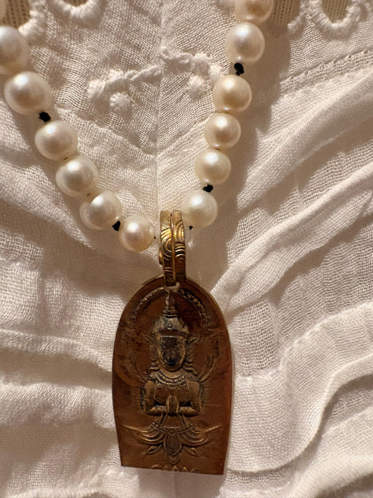 Pearl with Brass Buddha Necklace