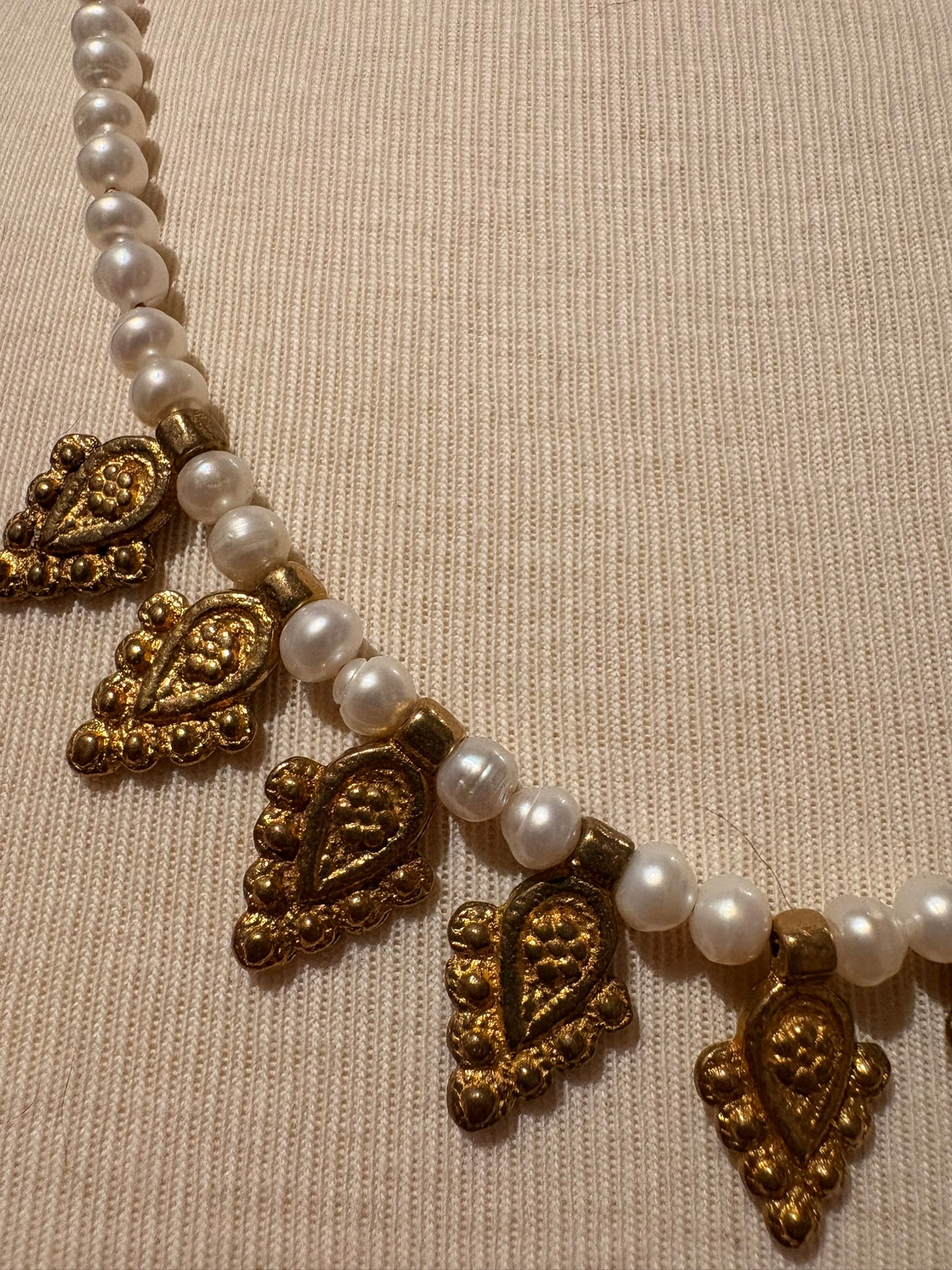 Pearl with Brass flower Necklace