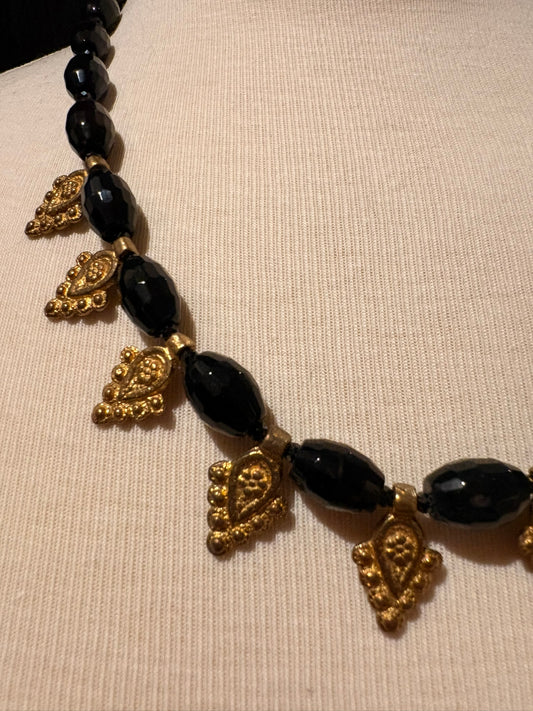 Black Onyx with Brass Charms Necklace