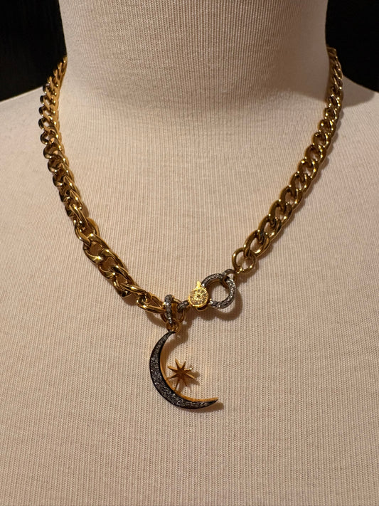 Gold Plated with Diamond Moon Necklace