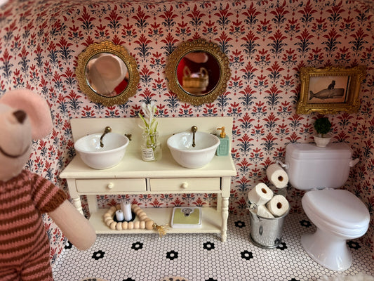 Handmade Miniature Bathroom Room Box with Clawfoot Tub in Paperboard Suitcase
