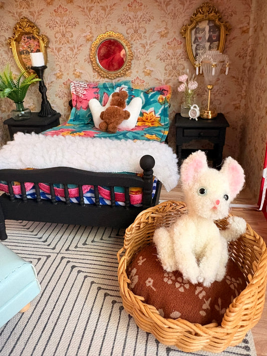 Romantic Vintage Bedroom Dollhouse in Polka Dot Paperboard Suitcase