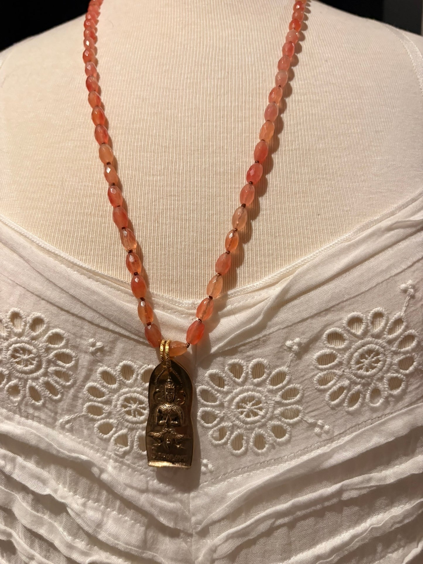 Peach Jade with Brass Buddha Necklace
