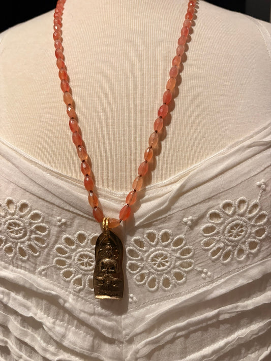 Peach Jade with Brass Buddha Necklace