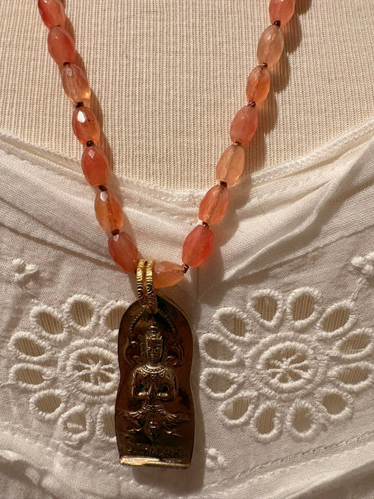Peach Jade with Brass Buddha Necklace