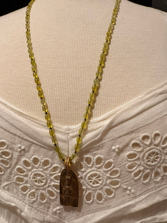 Olive Quartz with Brass Buddha Necklace