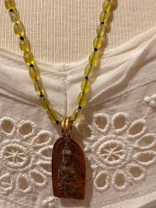 Olive Quartz with Brass Buddha Necklace