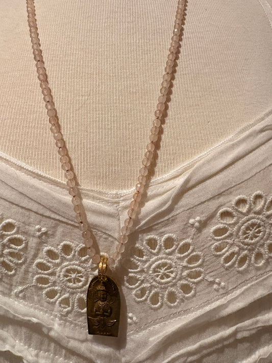 Rose Quartz with Brass Buddha - Long