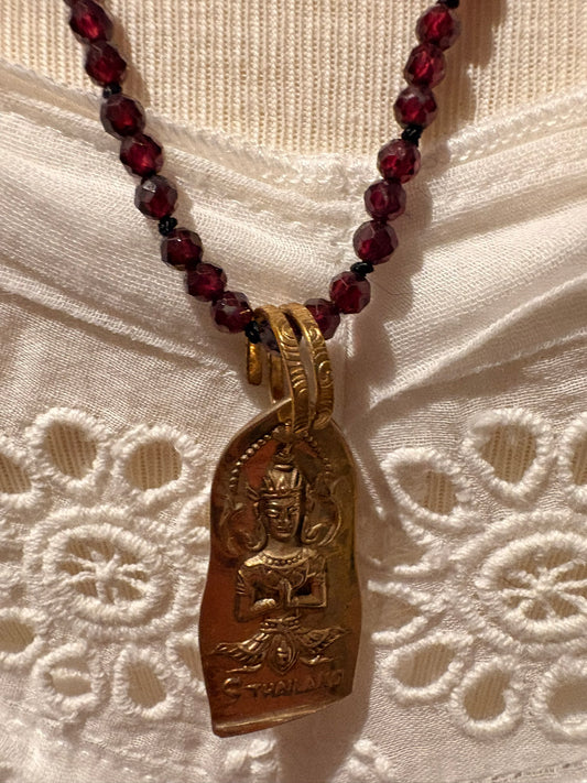 Garnet with Brass Buddha Necklace