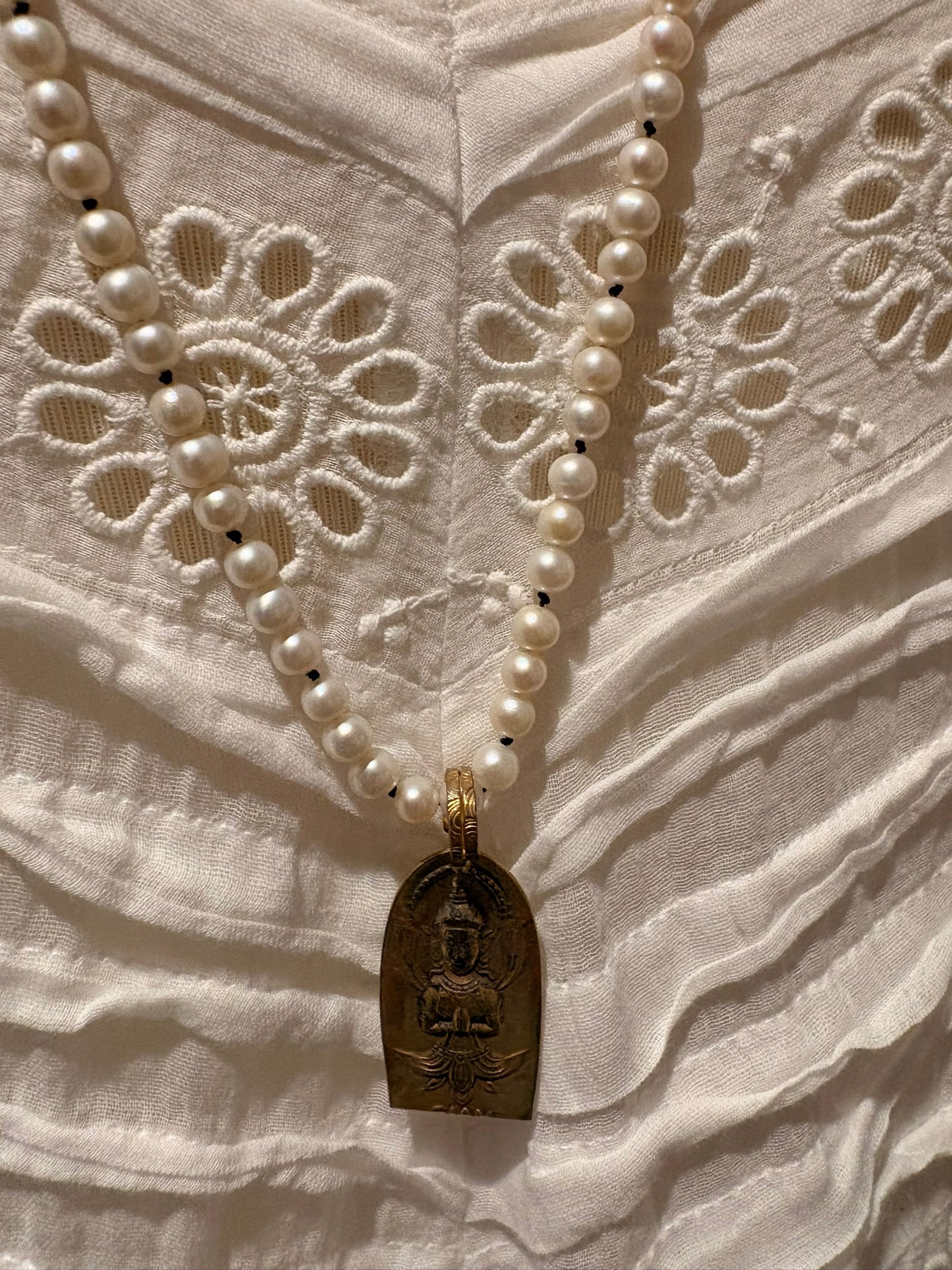 Pearl with Brass Buddha Necklace