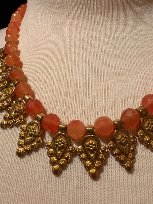 Peach Jade with Brass Necklace