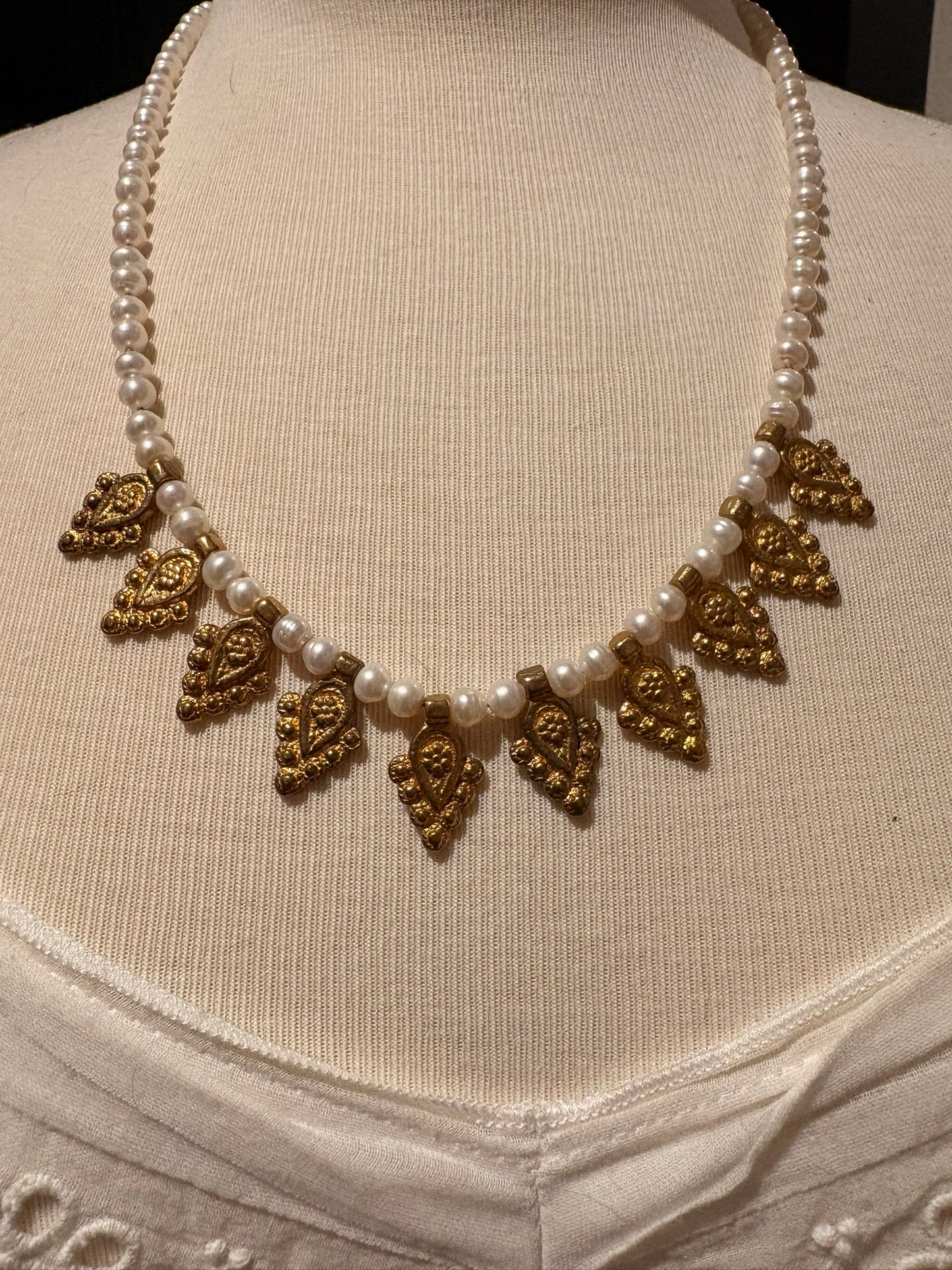 Pearl with Brass flower Necklace