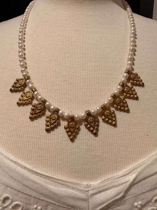 Pearl with Brass flower Necklace