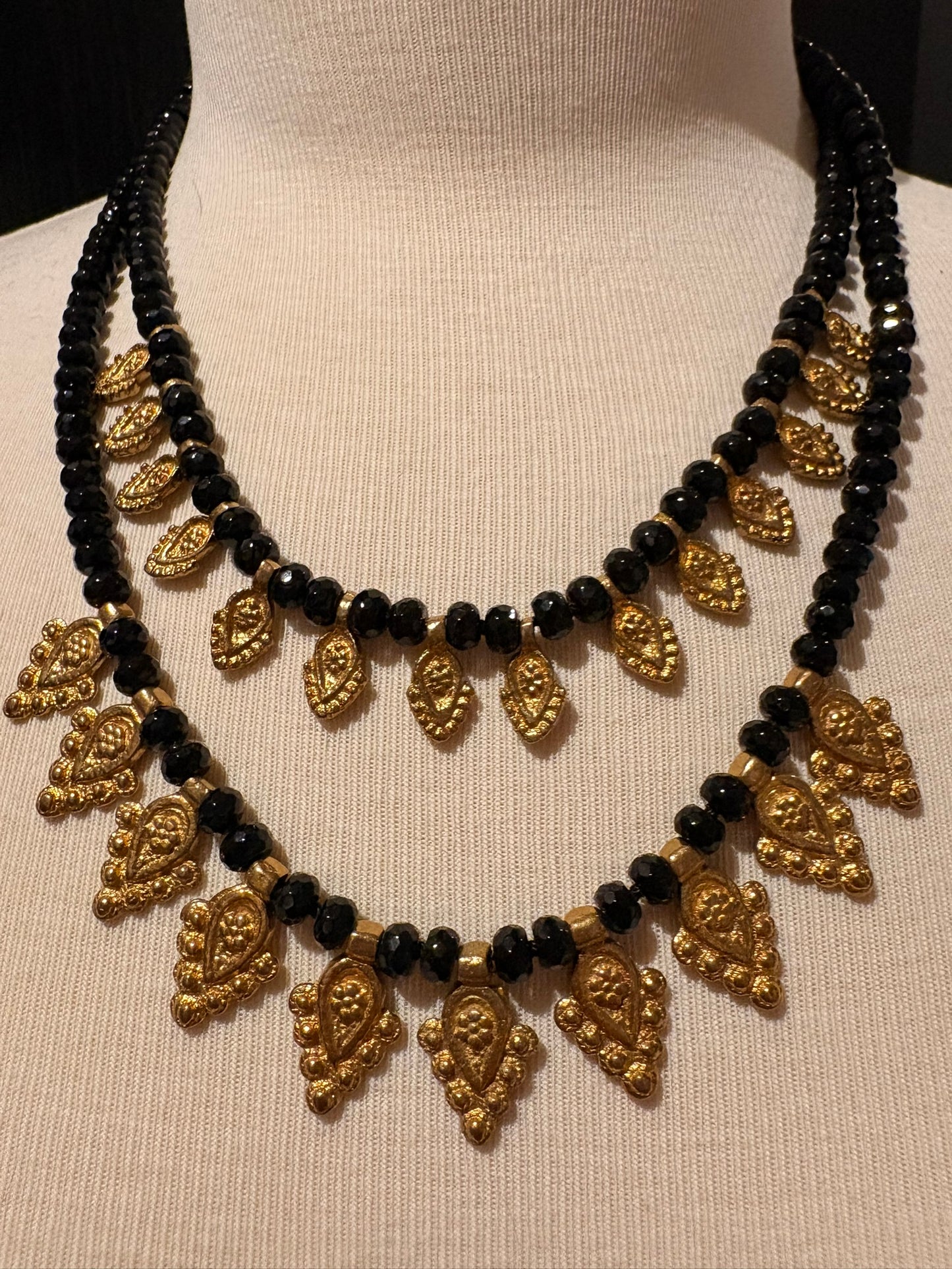 Onyx with Brass Charms Necklace - Long