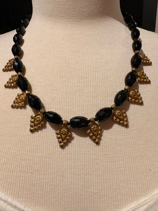 Black Onyx with Brass Charms Necklace