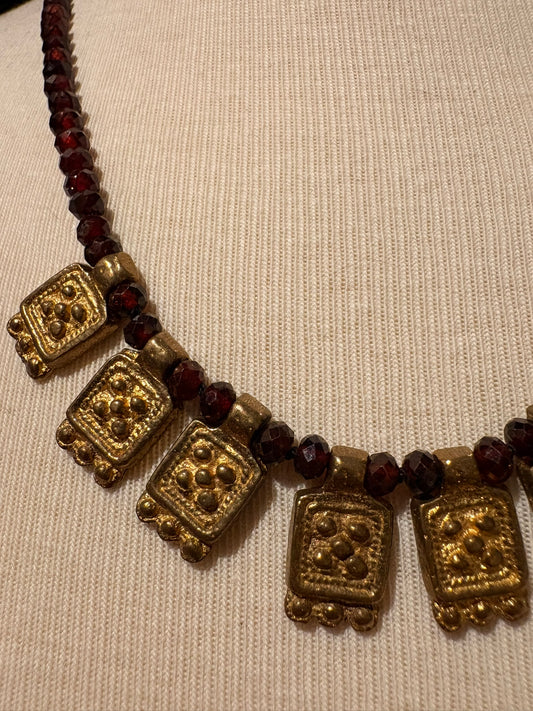 Garnet with Brass Charms Necklace