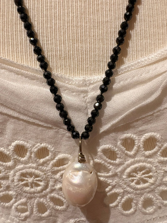Black Spinel with Baroque Pearl Pendant