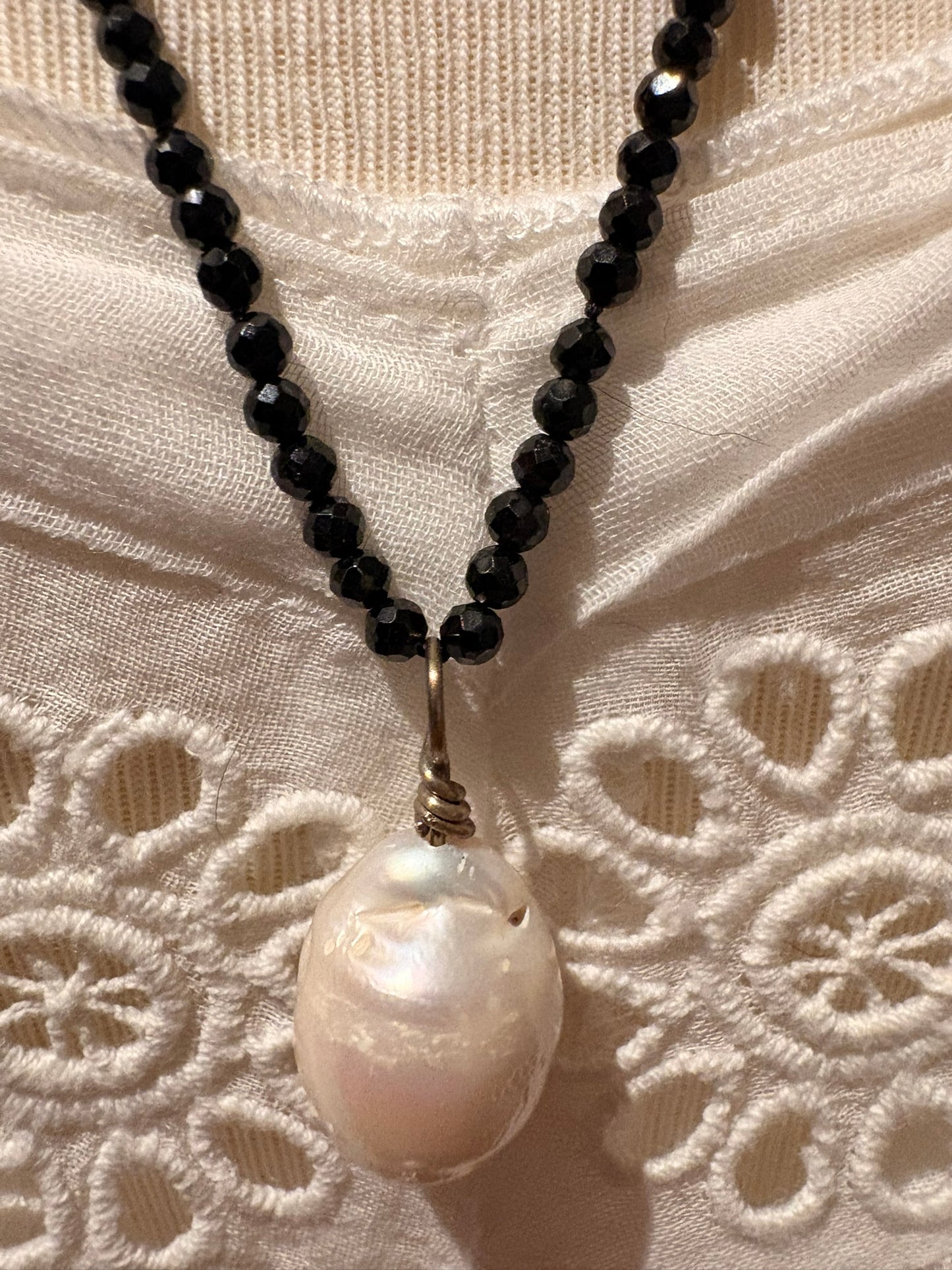 Black Spinel with Baroque Pearl Pendant