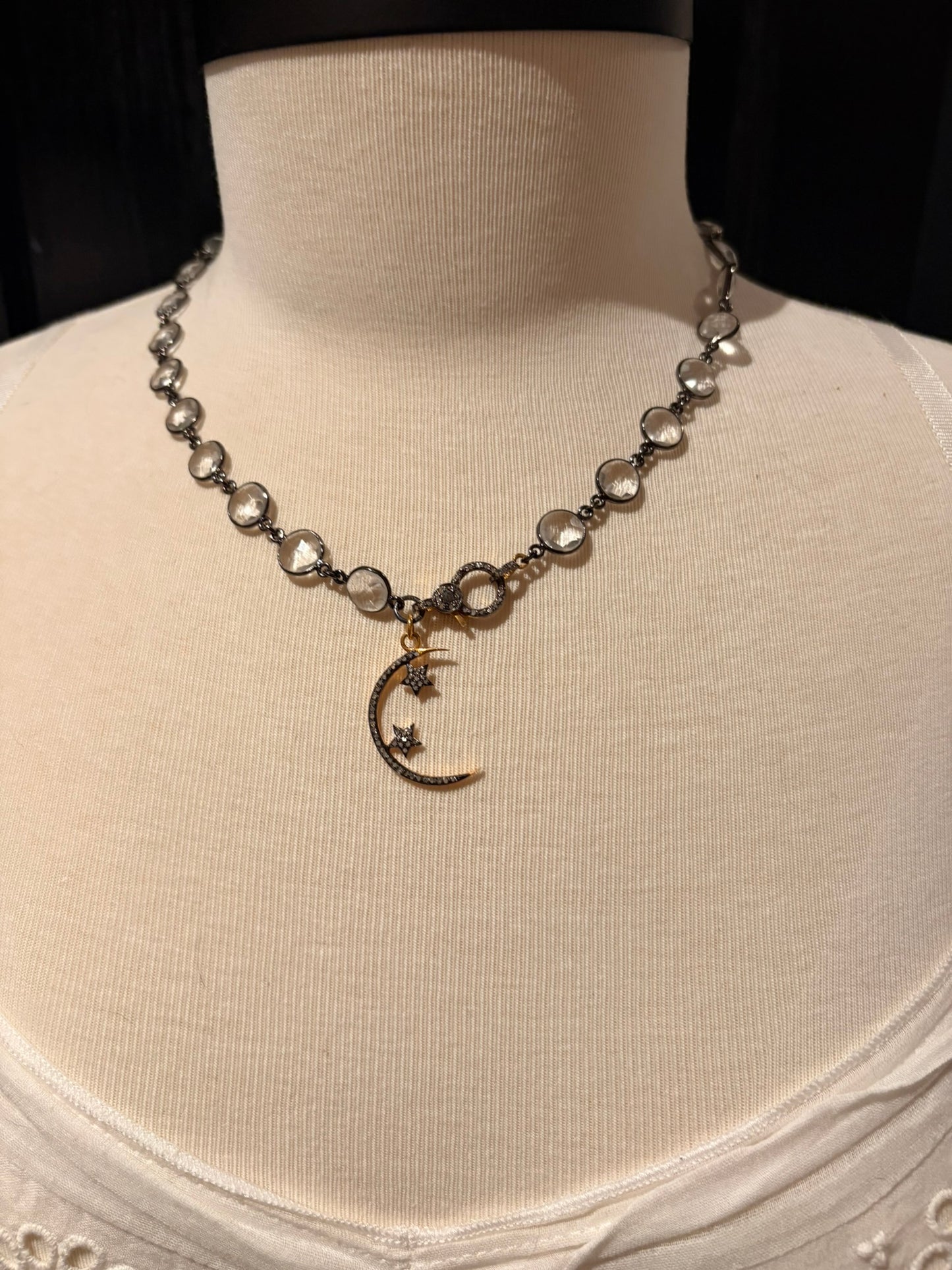 Quartz with Diamond Moon & Stars Necklace