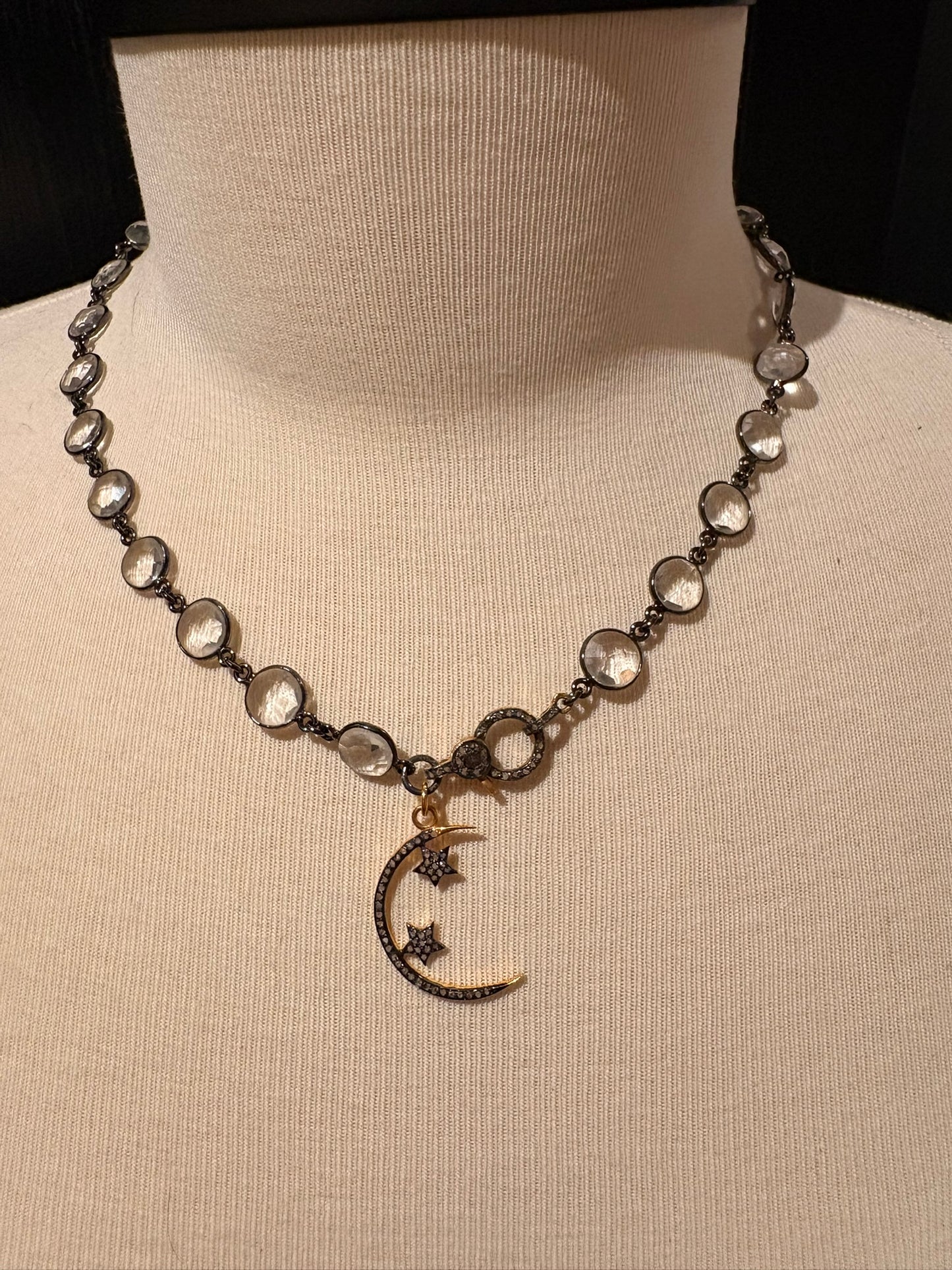 Quartz with Diamond Moon & Stars Necklace