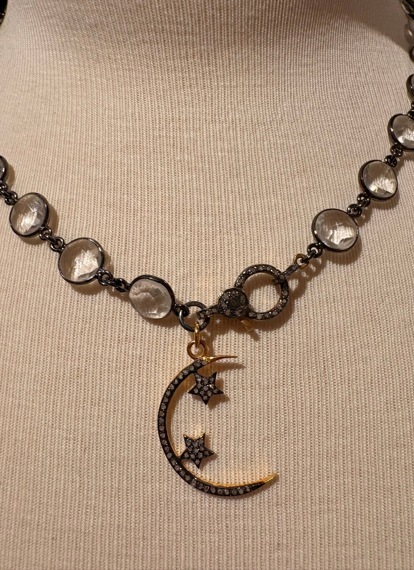 Quartz with Diamond Moon & Stars Necklace