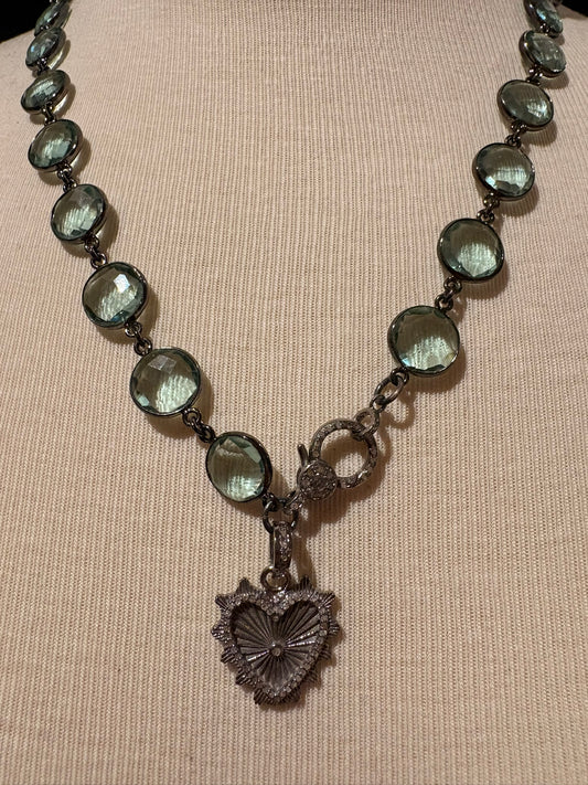 Green Amethyst with Diamond Heart Necklace
