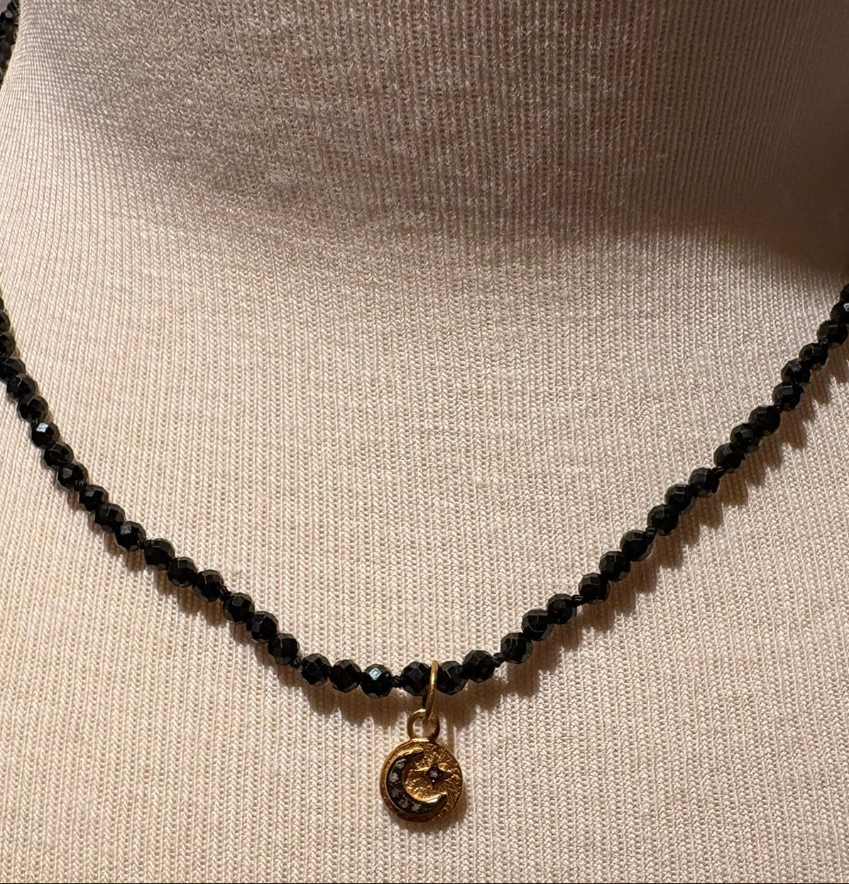 Black Spinel with Diamond Star & Moon Pendant