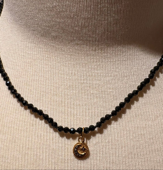 Black Spinel with Diamond Star & Moon Pendant