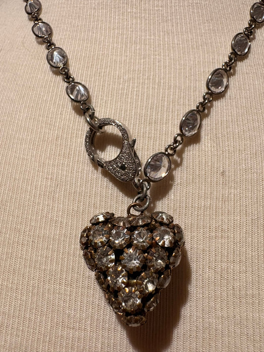 Cubic Zirconia Chain with Vintage Rhinestone Heart Pendant