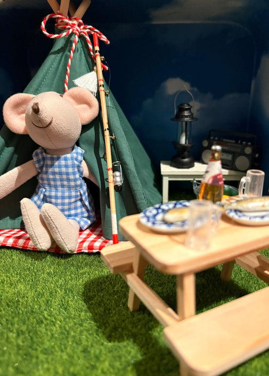 Handmade Camp Adventure Dollhouse in a Paperboard Suitcase
