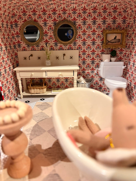 Handmade Vintage Bath Retreat Dollhouse in a Paperboard Suitcase