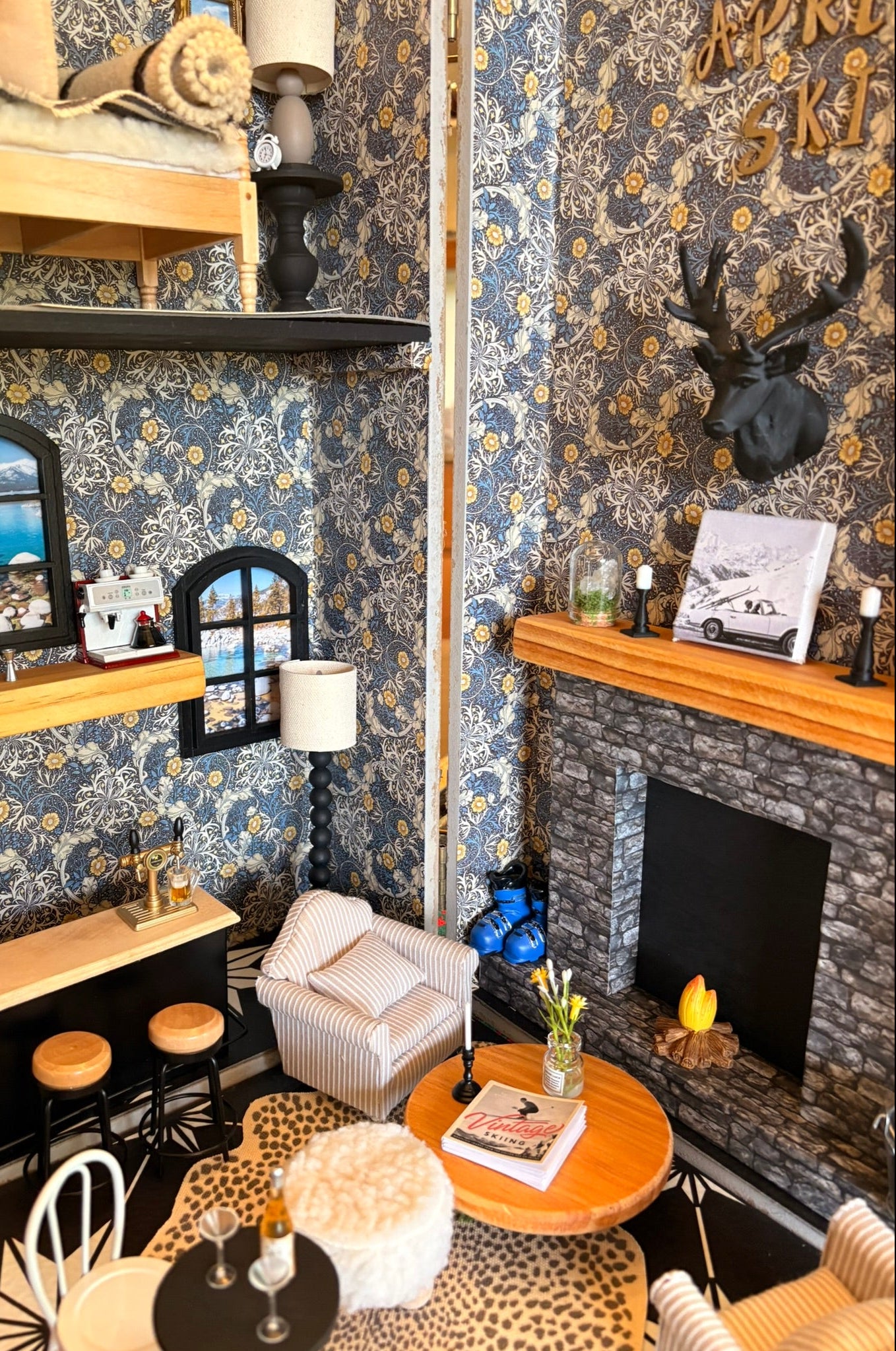 Handmade Après Ski Chalet Dollhouse in a Vintage Suitcase