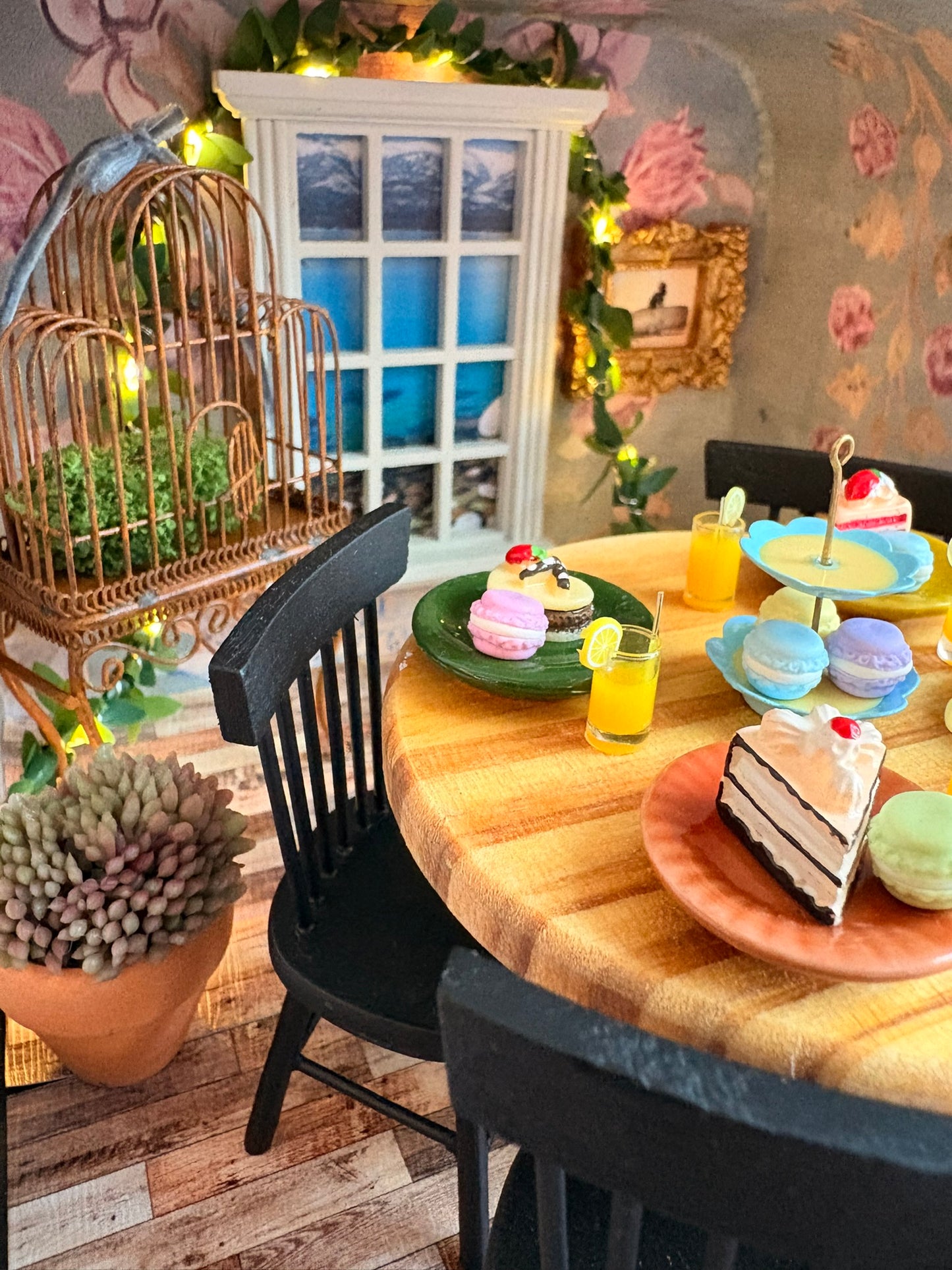 Handmade Whimsical Afternoon Tea Dollhouse in Polka Dot Paperboard Suitcase