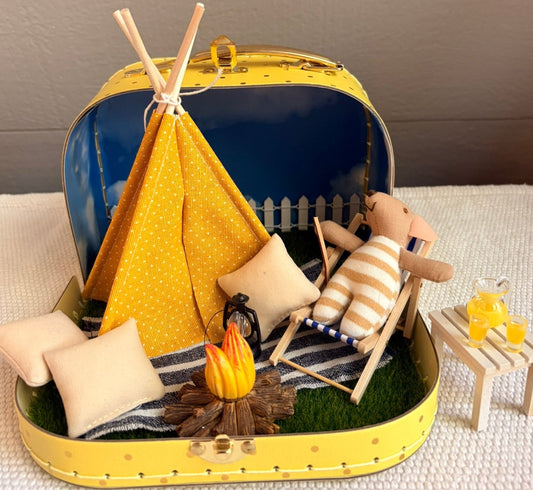 Handmade Sunny Glamping Dollhouse in Paperboard Suitcase