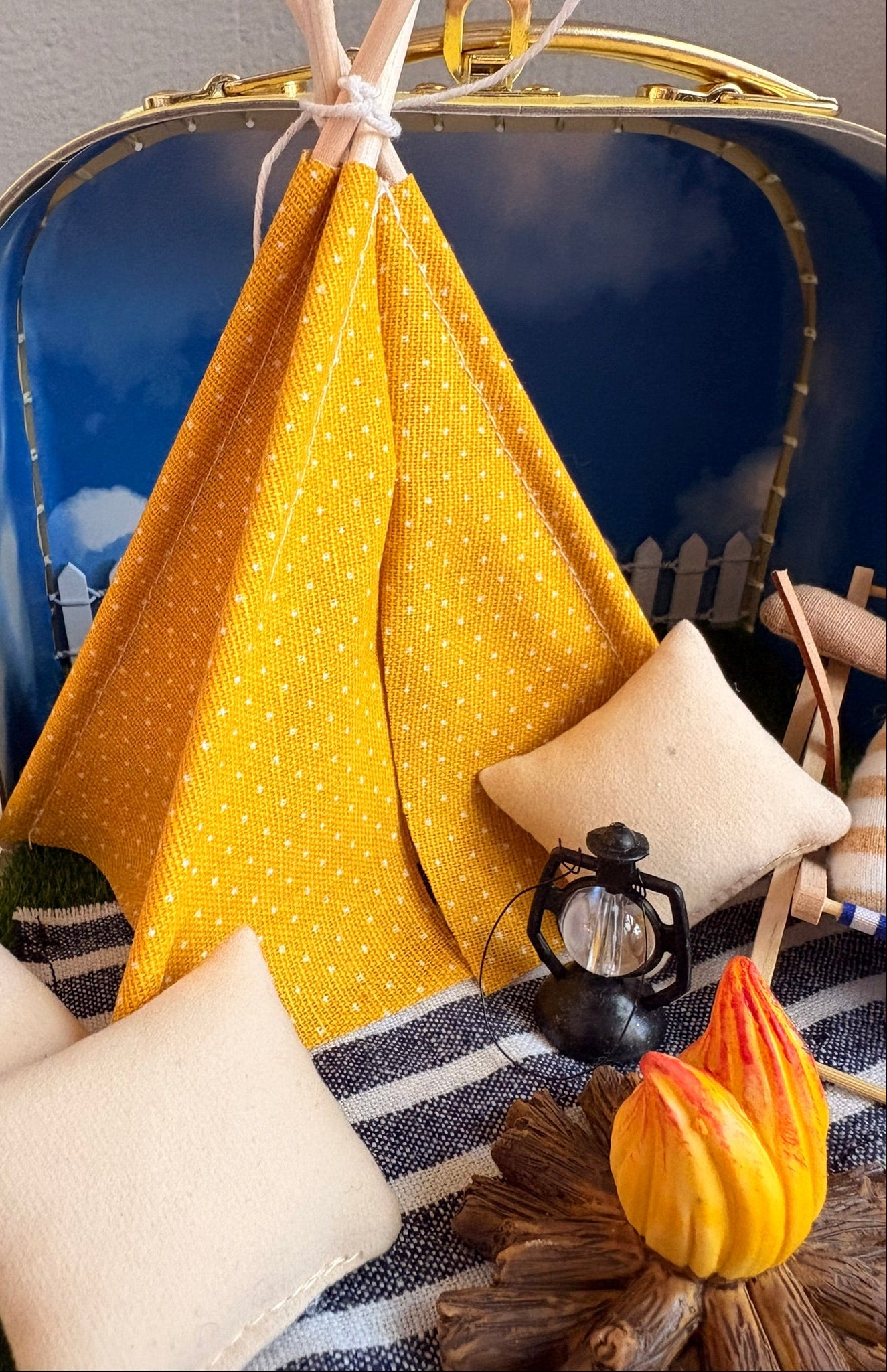 Handmade Sunny Glamping Dollhouse in Paperboard Suitcase