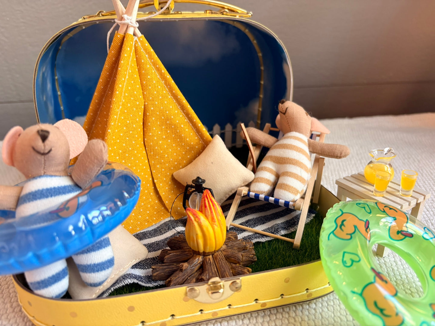 Handmade Sunny Glamping Dollhouse in Paperboard Suitcase