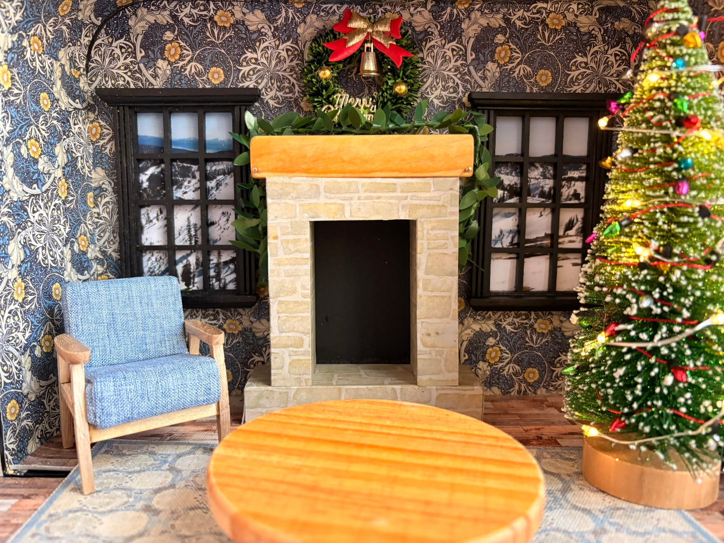 Handmade Cozy Christmas Cottage Miniature Dollhouse in Black Polka Dot Paperboard Suitcase