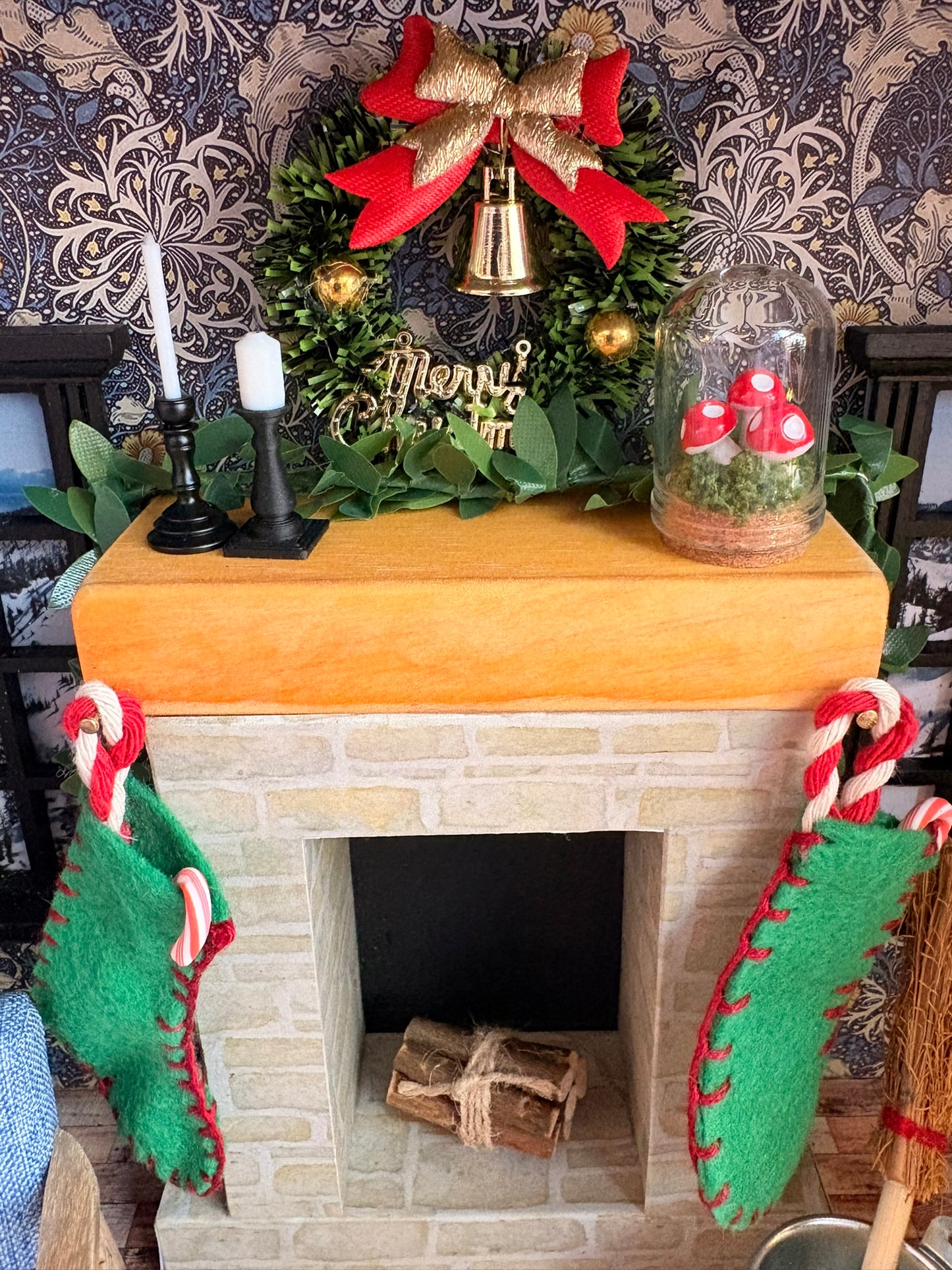 Handmade Cozy Christmas Cottage Miniature Dollhouse in Black Polka Dot Paperboard Suitcase
