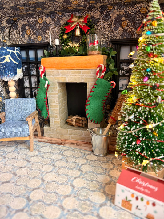 Handmade Cozy Christmas Cottage Miniature Dollhouse in Black Polka Dot Paperboard Suitcase