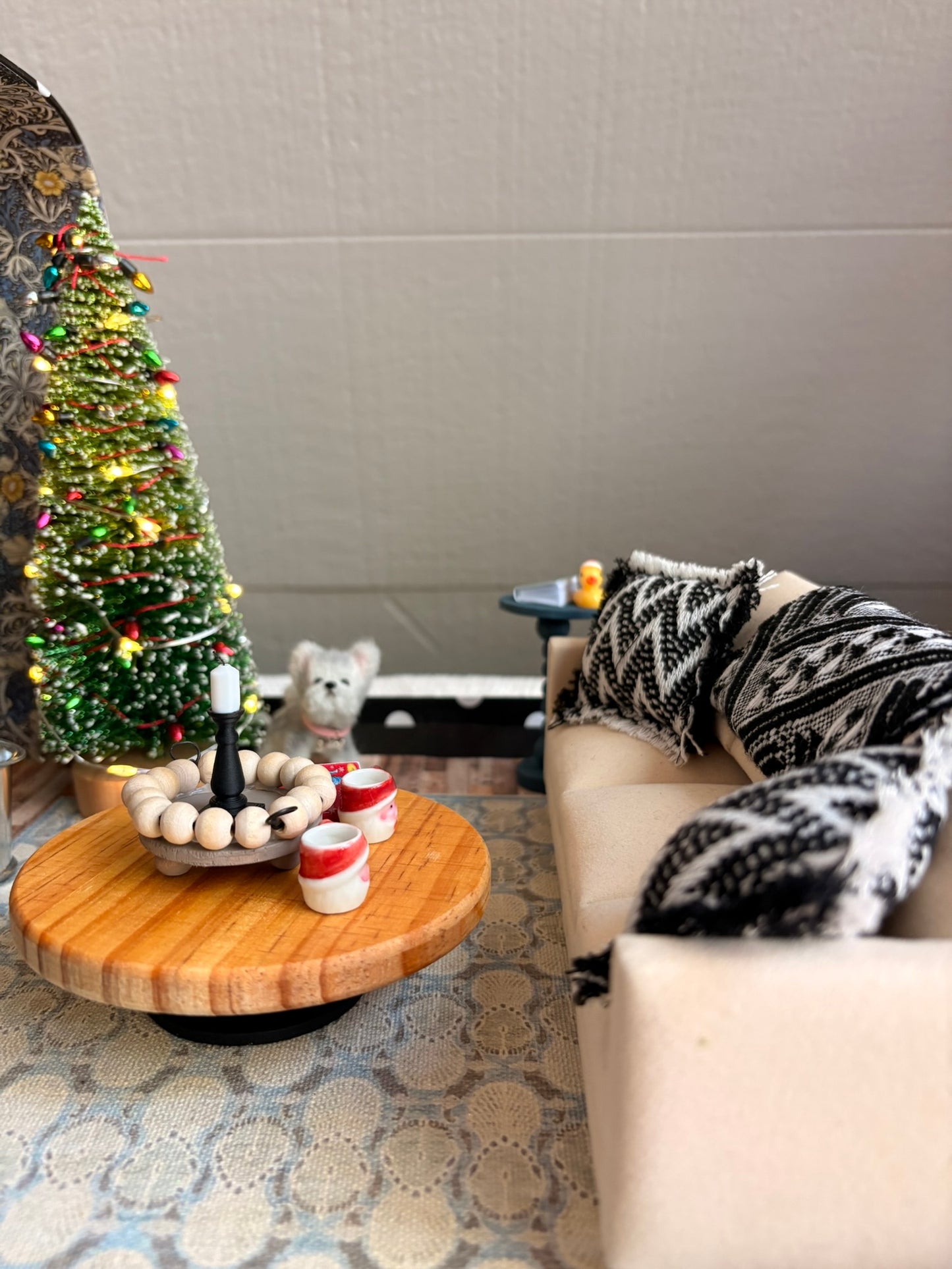 Handmade Cozy Christmas Cottage Miniature Dollhouse in Black Polka Dot Paperboard Suitcase