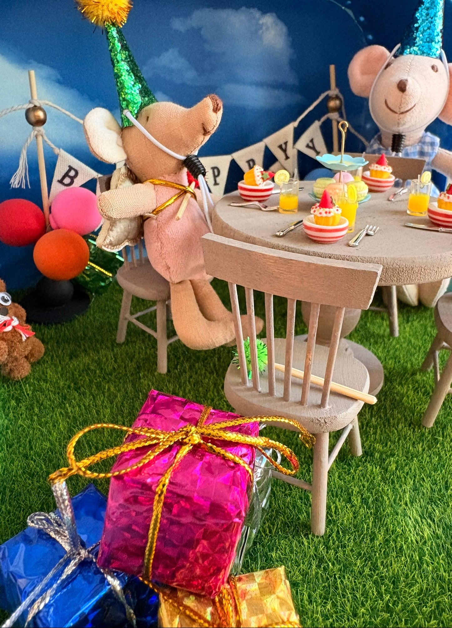 Handmade Miniature Birthday Party Dollhouse in a Paperboard Suitcase