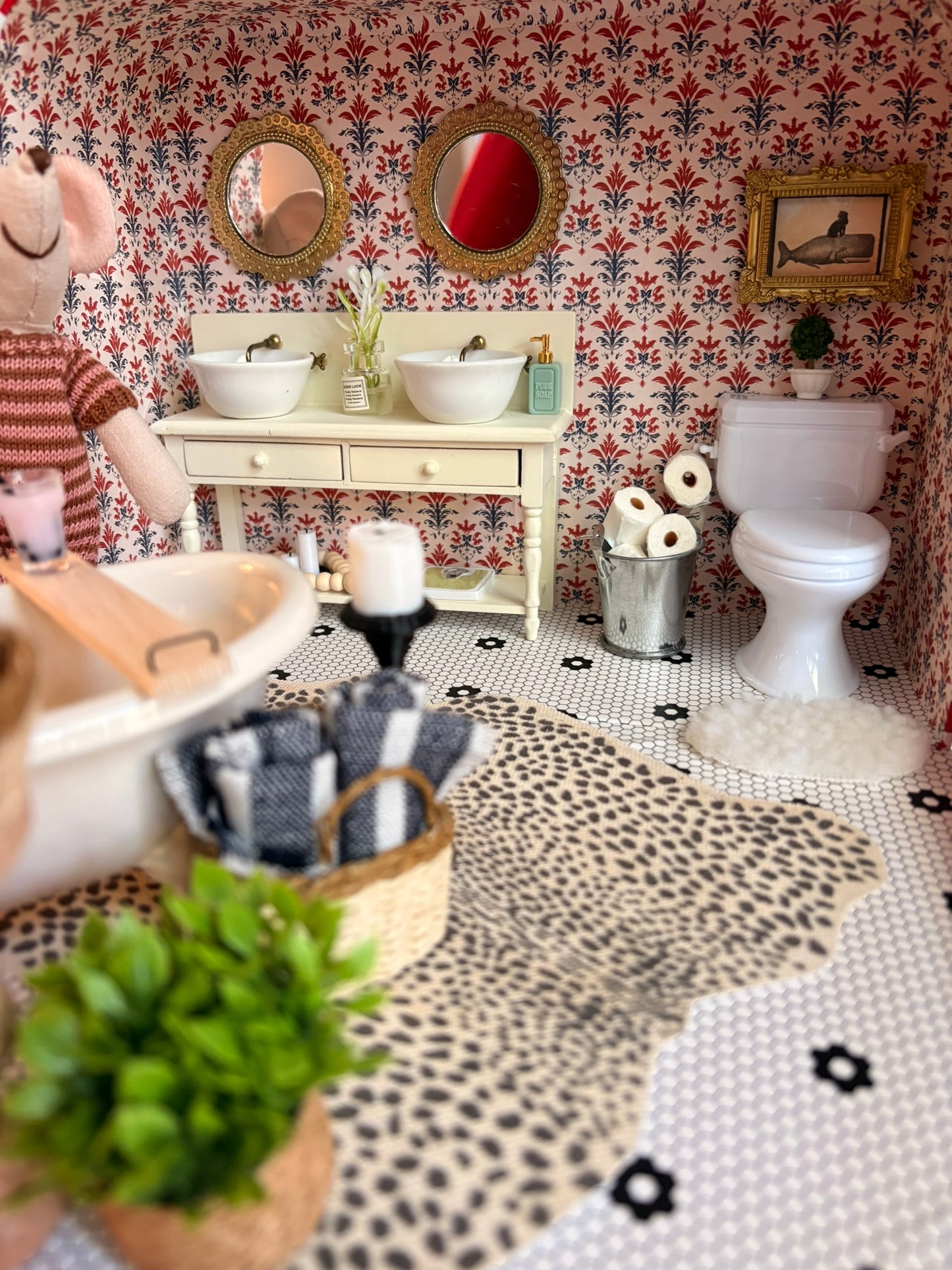 Handmade Miniature Bathroom Room Box with Clawfoot Tub in Paperboard Suitcase