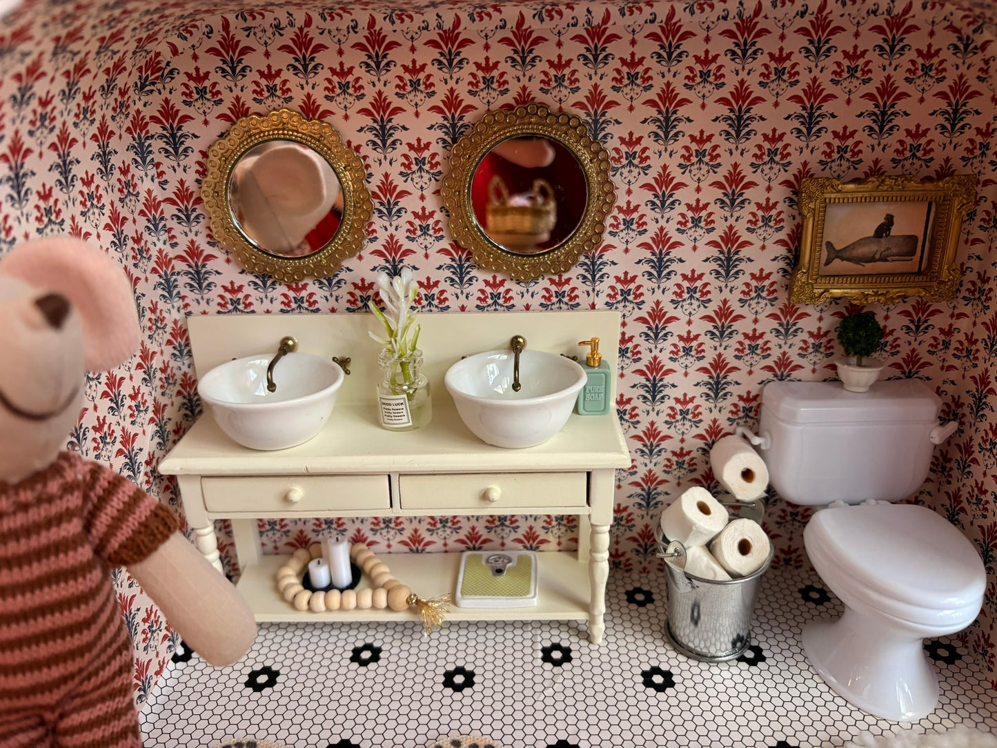 Handmade Miniature Bathroom Room Box with Clawfoot Tub in Paperboard Suitcase