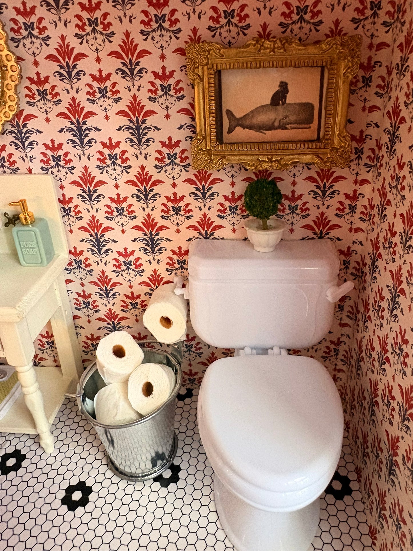 Handmade Miniature Bathroom Room Box with Clawfoot Tub in Paperboard Suitcase