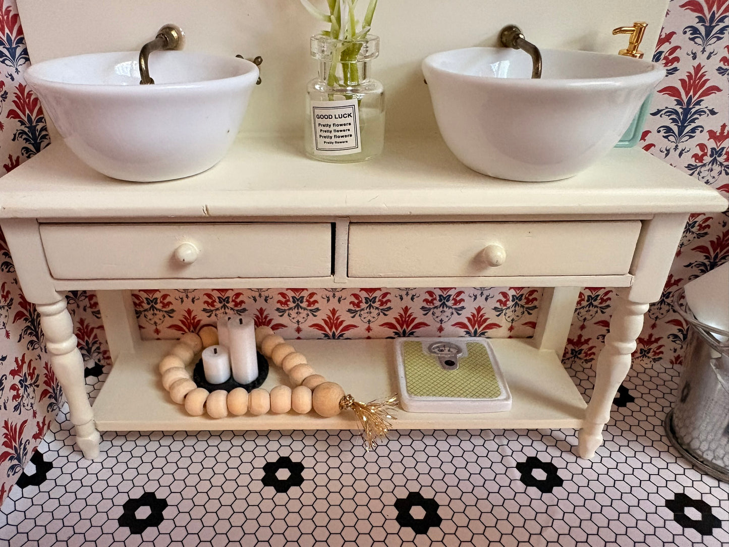 Handmade Miniature Bathroom Room Box with Clawfoot Tub in Paperboard Suitcase