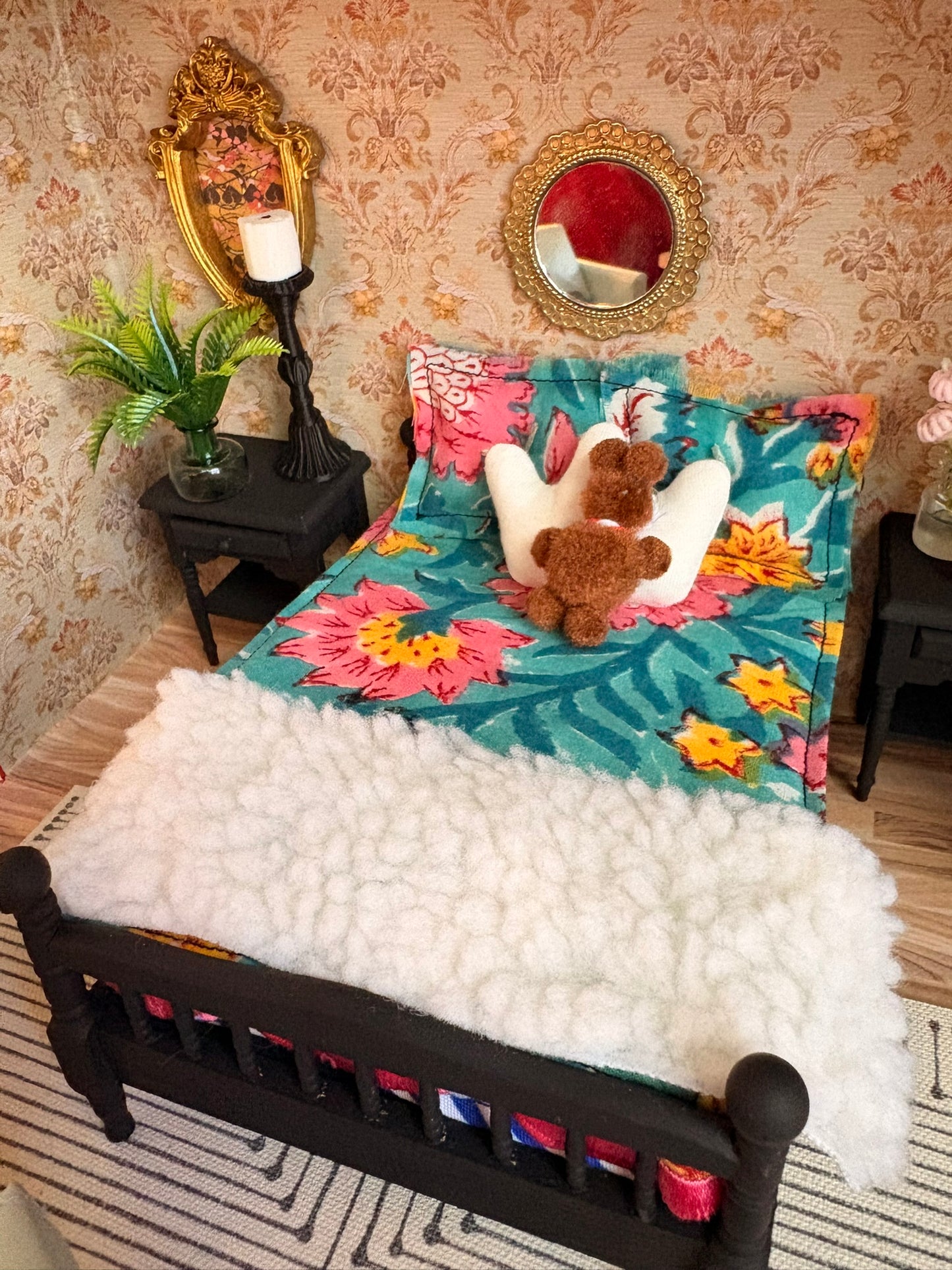 Romantic Vintage Bedroom Dollhouse in Polka Dot Paperboard Suitcase
