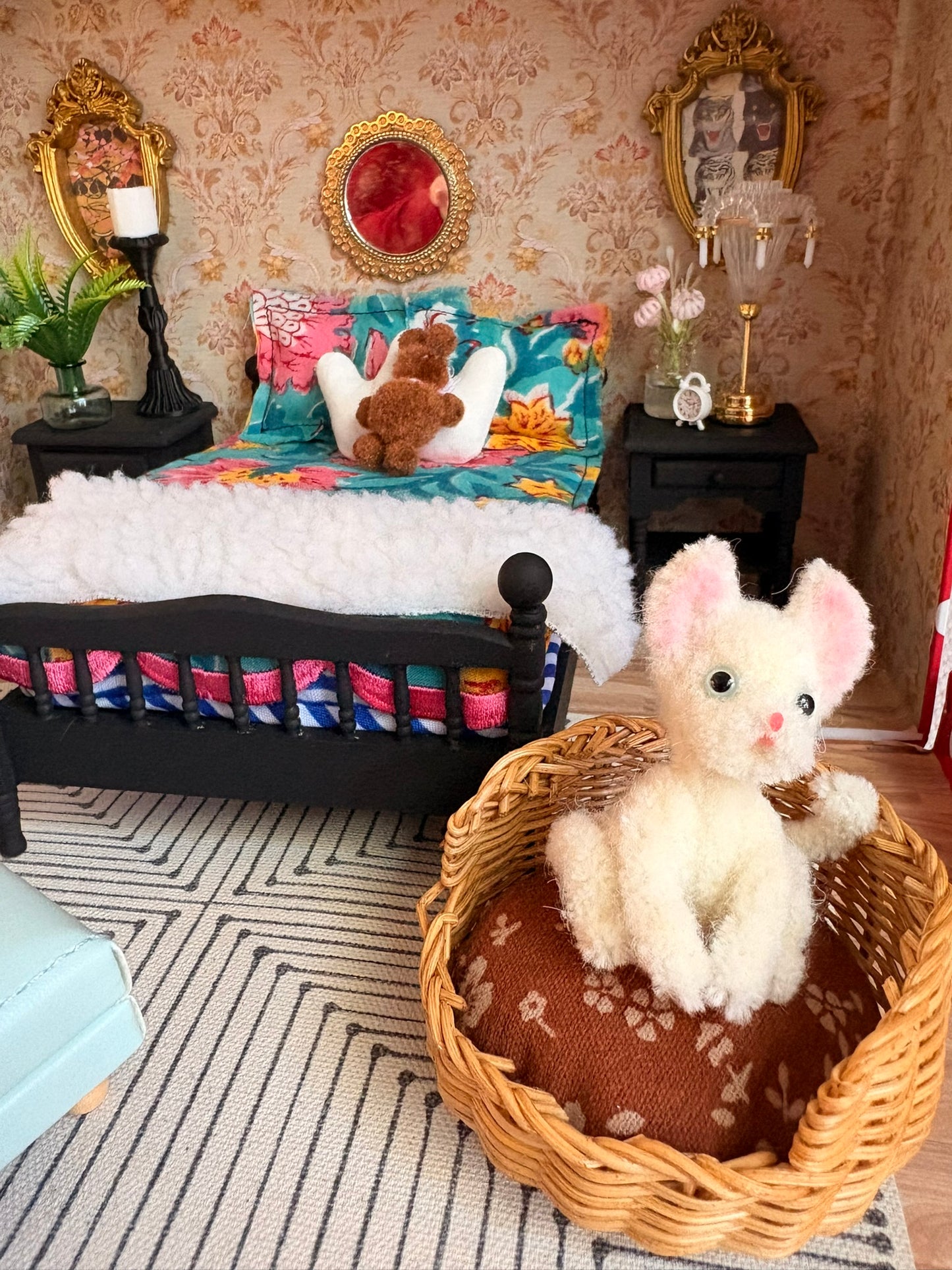 Romantic Vintage Bedroom Dollhouse in Polka Dot Paperboard Suitcase
