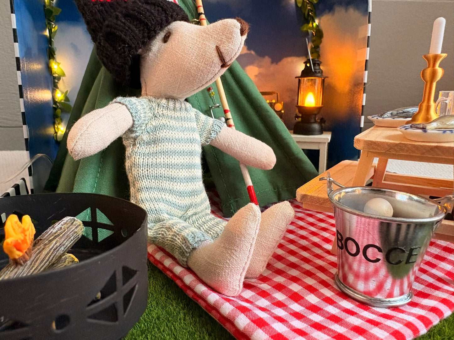 Cozy Campfire Camping Dollhouse in Striped Paperboard Suitcase